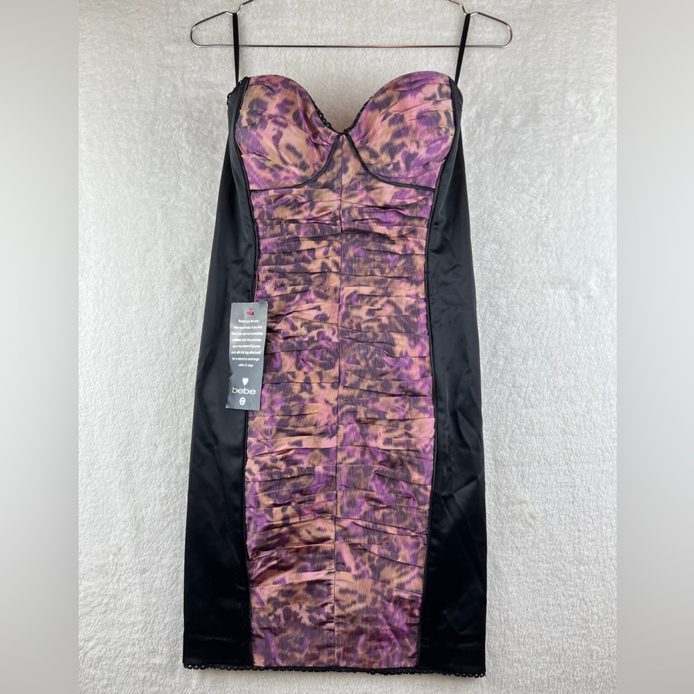 BEBE Belle Du Jour Ruched Taffeta Pencil Dress Black and Purple Size Small